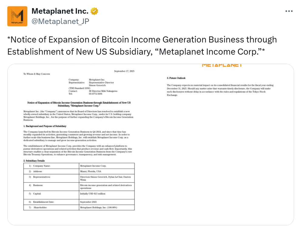 Metaplanet expands Bitcoin strategy with new US, Japan units