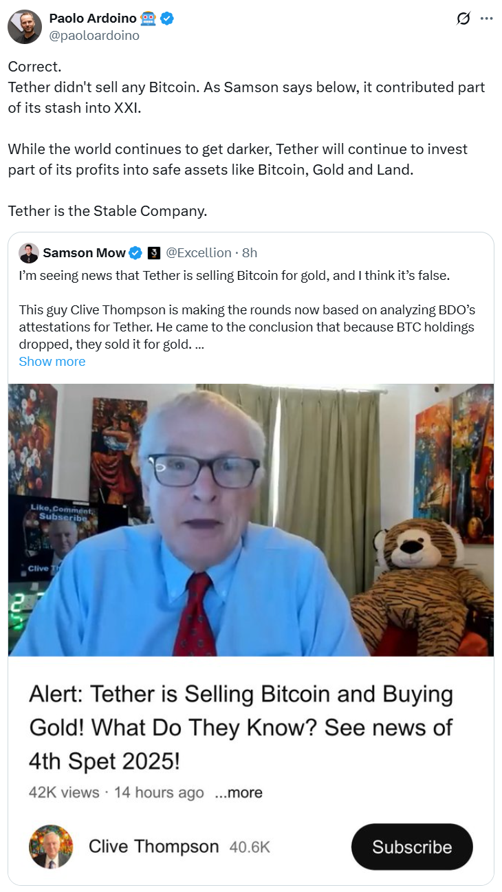 Tether denies Bitcoin sell-off rumors, confirms buying BTC, gold, land