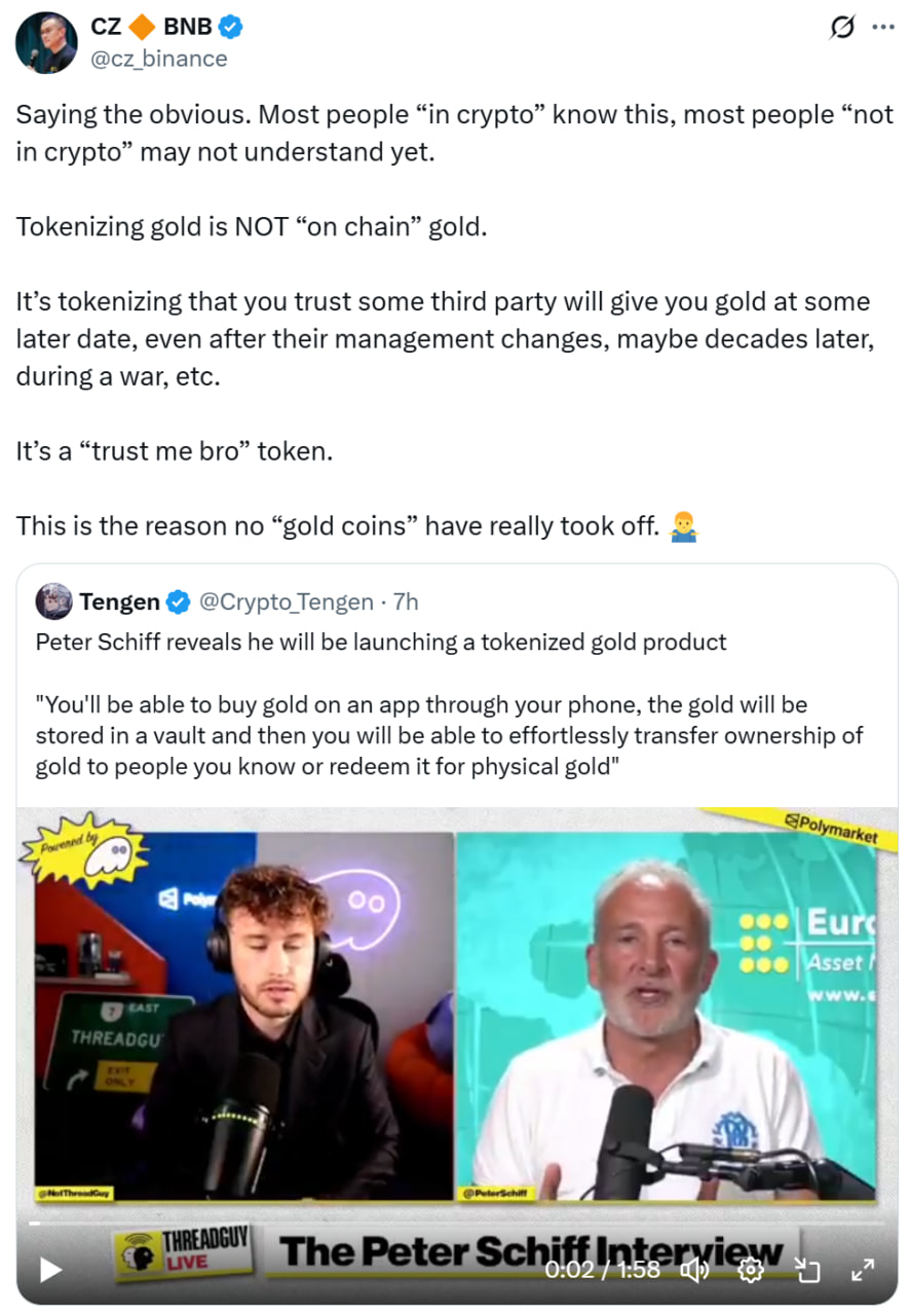 CZ calls Peter Schiff’s tokenized gold a ‘trust me bro’ asset