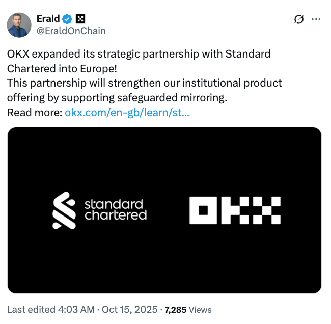Standard Chartered to custody crypto for OKX institutional clients in Europe